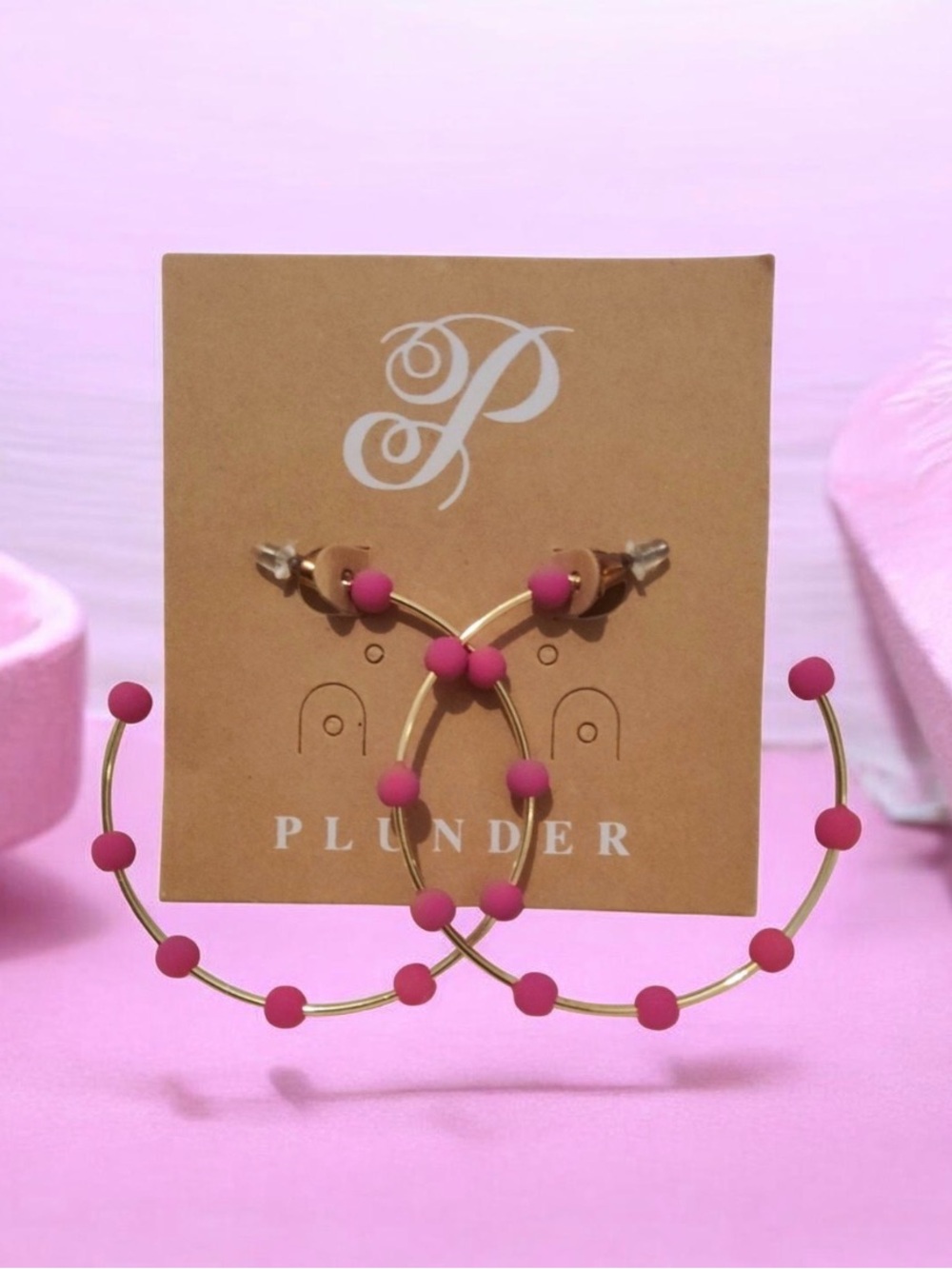 Plunder Gold Hoop Earrings with Pink Matte Beads